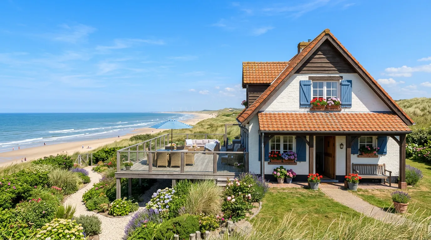 Charming beach house with garden and terrace overlooking the North Sea coast of Belgium, summer day, clear skies, welcoming exterior