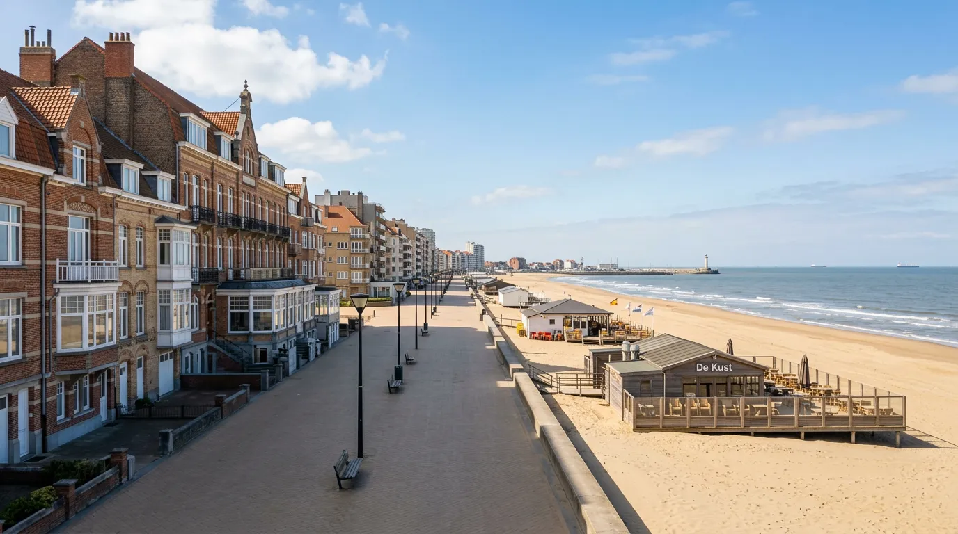 Beautiful Belgian North Sea coast landscape with sandy beach, dunes, and coastal village in distance, clear day