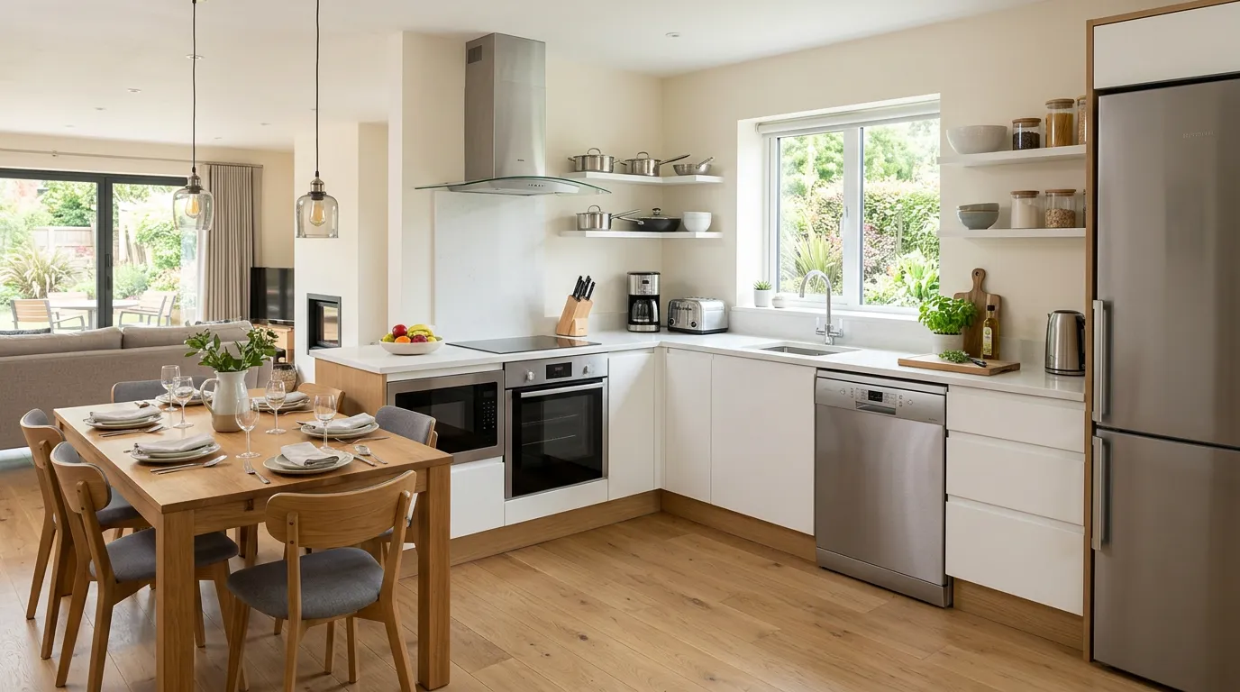 Modern fully equipped holiday home kitchen with appliances, countertops and dining area, bright and clean