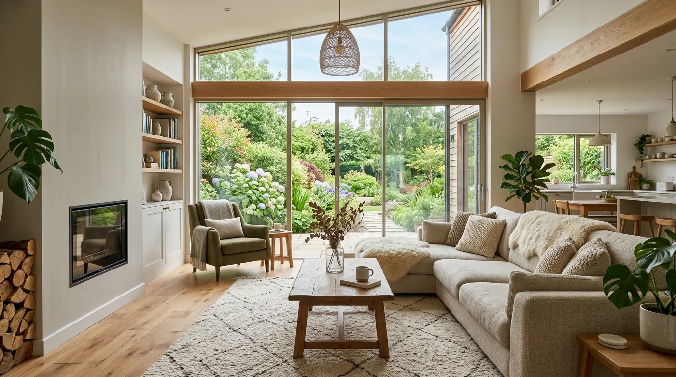 Cozy interior of a modern holiday home with bright living room, comfortable furniture, large windows overlooking garden